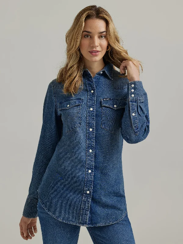 Wrangler Women's Navy Denim Cowboy Snap Shirt