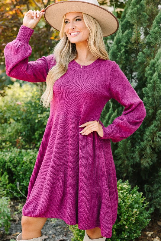 Catch Yourself Plum Purple Bubble Sleeve Sweater Dress Sporty Women's Athleisure 