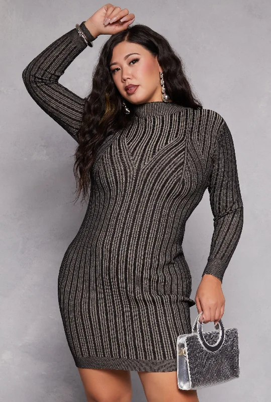 Plus Size Almost Famous Ribbed Knit Shadow Stripe Sweater Dress