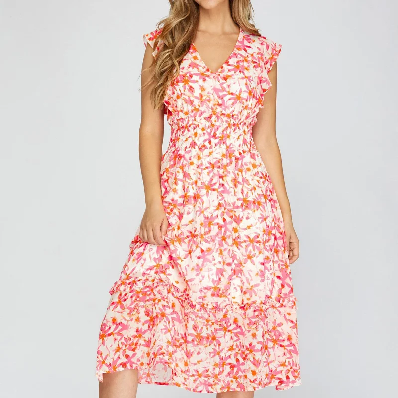 She +Sky Women's Floral Print Ruffle Dress European
