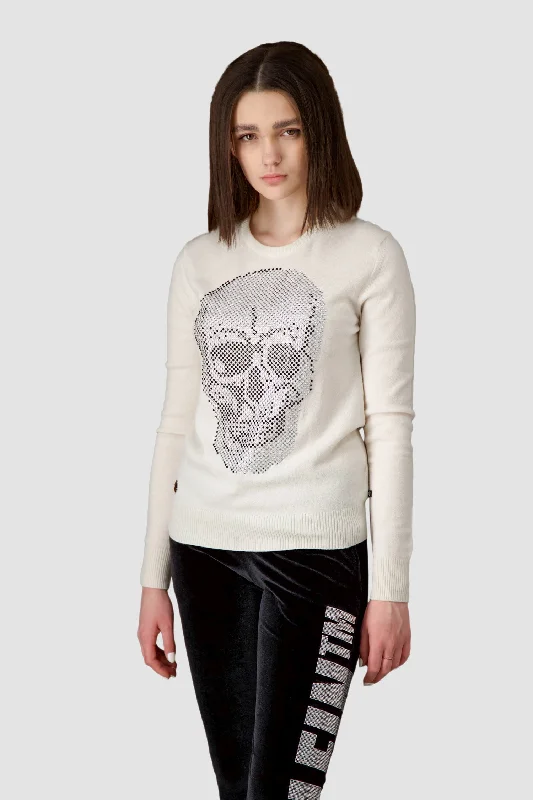 Philipp Plein White Round Neck LS Skull Crystal Pullover