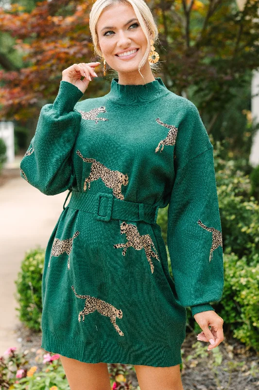 Quick Decisions Hunter Green Cheetah Sweater Dress British Gentlewoman Style