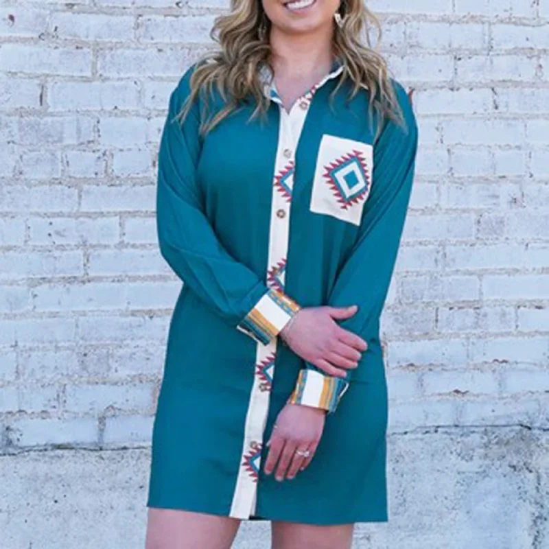 Rowdy Crowd Women's Teal/Aztec Duster Dress Stylish Women's Neon