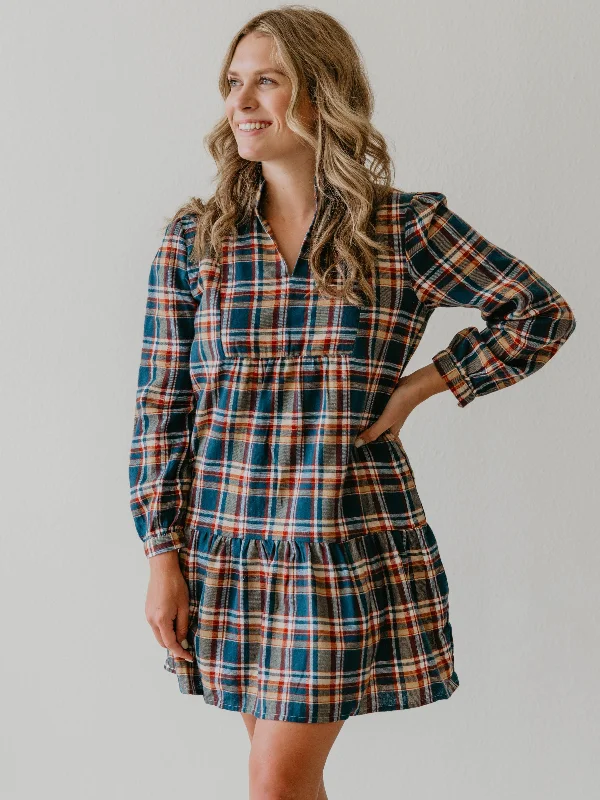 Women's Adeline Dress - Navy Golden Plaid Dynamic Women's High - energy