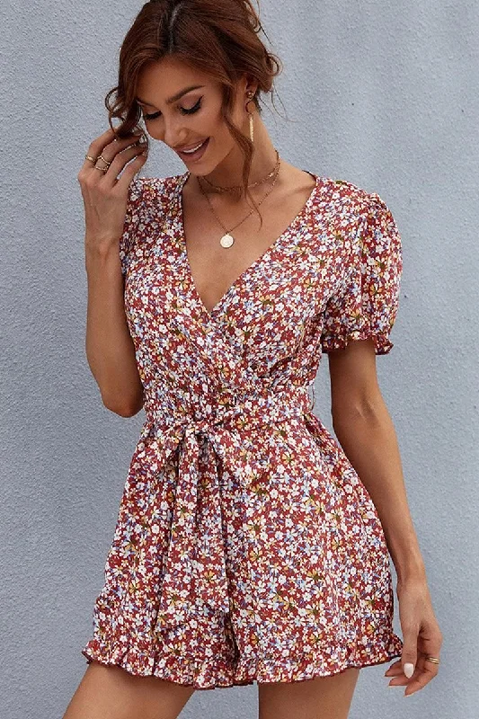 WOMEN FLORAL PRINTING WAIST TIED SUMMER ROMPER