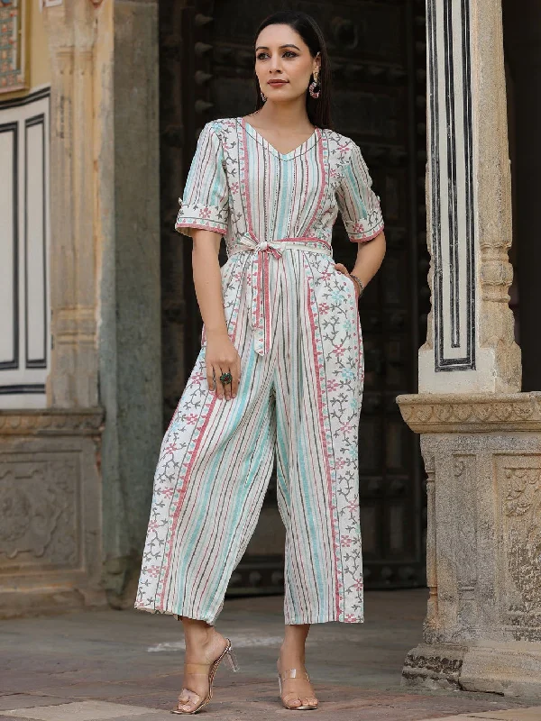 Juniper  Ivory Geometric Printed Cotton Flex Jumpsuit With Beads & Thread Work