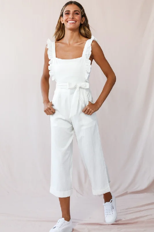 Serenade Ruffle Strap Pinafore Jumpsuit White