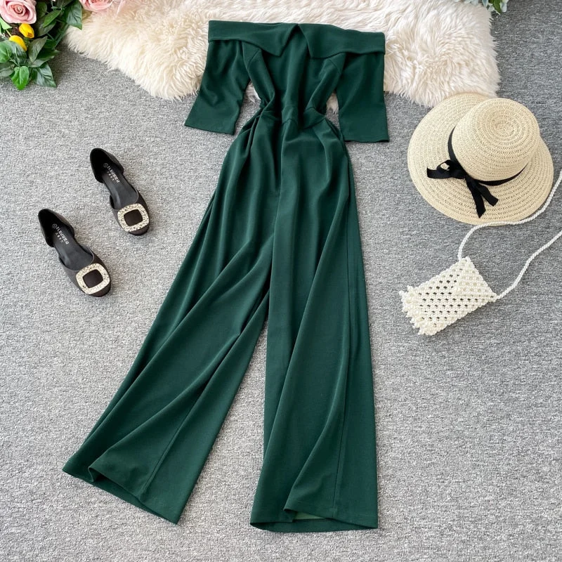 SINGRAIN Women Off Shoulder Long Pants Jumpsuits Summer Sexy Loose Boho Solid Beach Overalls Slash Neck Wide Leg Pants Rompers