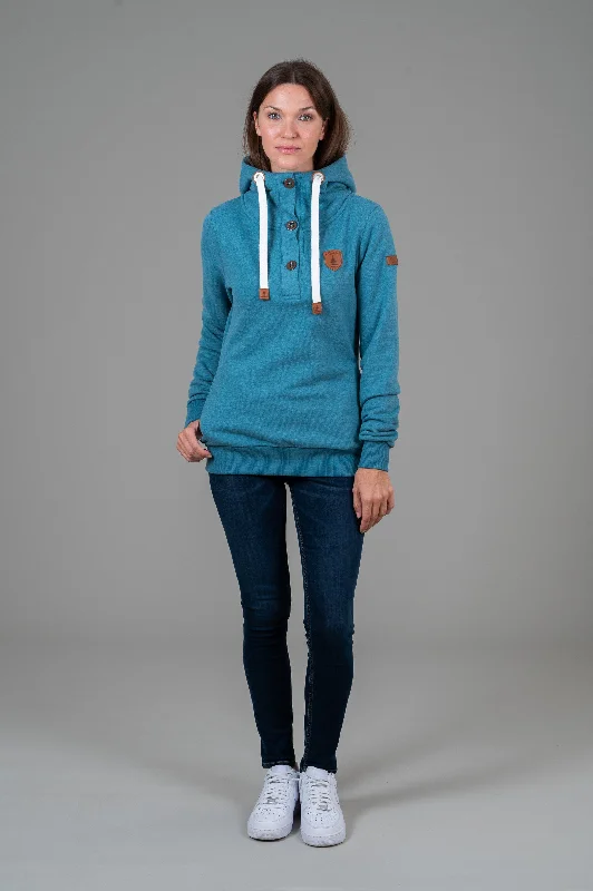 Jas Peacock Blue Button Neck Hoodie Unique Women's Upcycled