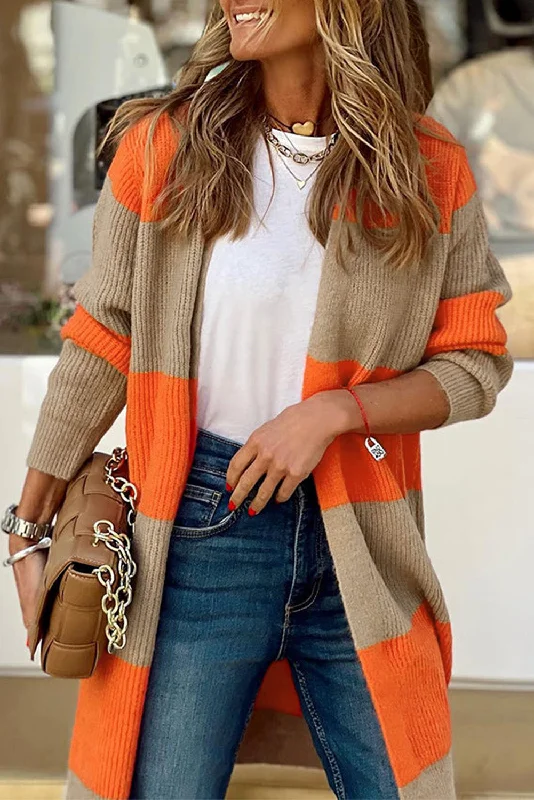 Orange Colorblock Ribbed Knit Open Front Cardigan