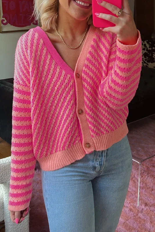 Pink Striped Buttoned V Neck Drop Shoulder Cardigan