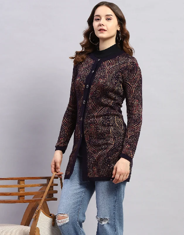 Women Maroon Self Design Round Neck Full Sleeve Cardigan